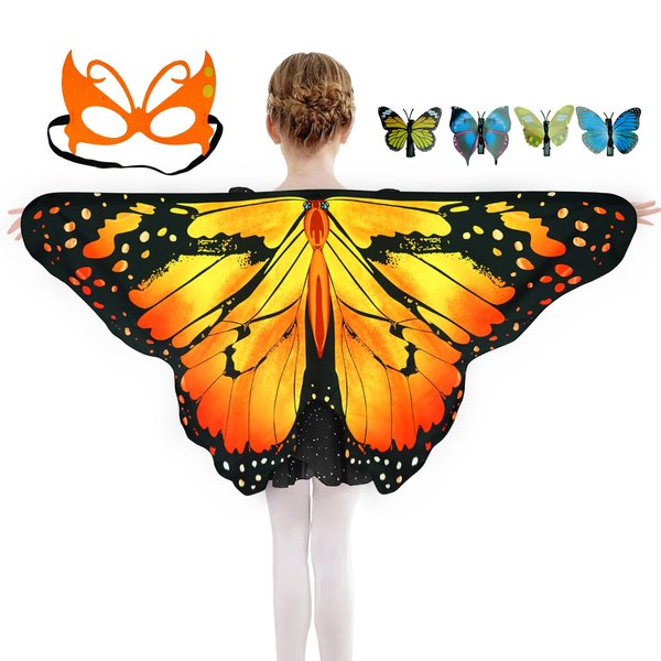 Kids Butterfly Wings Costume Girls Fairy-Wings Toddler Dress Up Play Costumes Butterfly Hair Clip Mask Party Favors (Orange Sets)