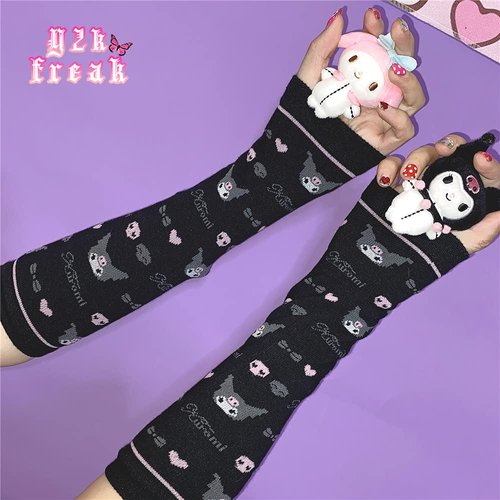 GSTARL Y2K Gothic Arm Cover Pink KT Cat Arm Warmer Punk Cute Knitted Arm Sleeves Fingerless Gloves for Women Egirl (Black) 6cm*13cm