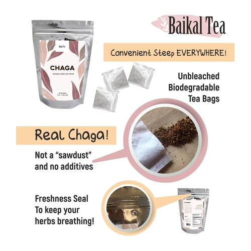 Chaga Tea - 100% Wild Siberian Birch Chaga Mushroom - Organic - 30 Unbleached Tea Bags - Pure No Additives - Natural Detox and Digestive Support - Hand-Picked by Baikal Tea