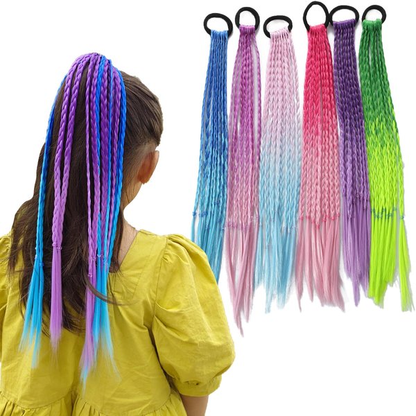 17 Inch Colored Hair Extensions for Kids,Hair Extensions for Kids, 6 Pieces Braids Hair Extensions with Rubber Bands,rainbow hair extensions kids (A hair ring with 8 braids)