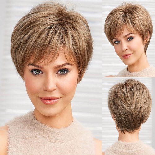 EMMOR Short Blonde Brown Wigs for Women Memory Fiber Simulated Human Hair Pixie Curly Wig With Bang,Natural Daily Use Hair(Color JR14#)