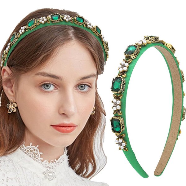 Coridy Thin Green Headbands for Women Pearl Rhinestone Hairbands with Gold Leaf Emeralds Head Band Bejeweled Headbands(ELEGANT)