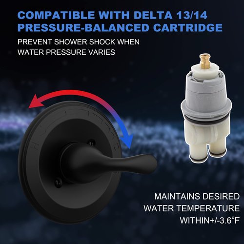 Replacement for Delta Faucet Classic 13 Series Single-Function Shower Valve Trim Kit, Shower Handle, Matte Black Shower Trim Kit T13020-BL (Cartridge and Valve Not Included)