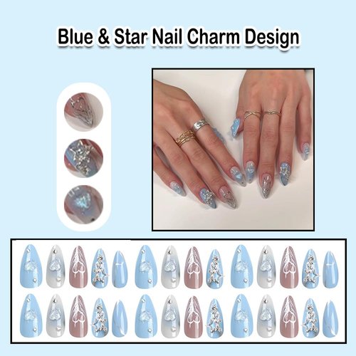ANDGING Almond Press on Nails with Charms Blue Short Medium Fake Nails with Star Nail Charm Design Acrylic Glue on Nails for Wedding Birthday Stick on Nails with Glue Manicure False Nails for Women