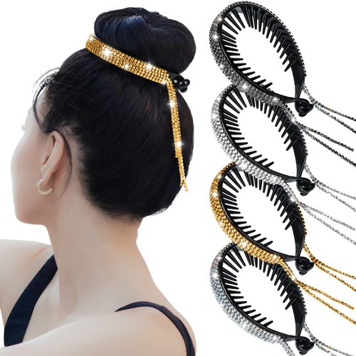 4 Pack Bride Hair Bun Holders Rhinestone Ponytail Holder Glitter Bun Clip Rhinestone Hair Holder for Birds Nest Rhinestone Barrettes Hair Bun Accessories for Women Bride Wedding Party