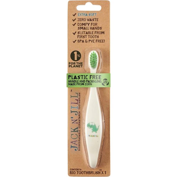 Jack N' Jill Kids Toothbrush - Extra Soft Bristle Toothbrush for Kids, Handle & Packaging Made from Plants (Corn), Ergonomic Handle for Little Hands - Dino Baby, Toddler, & Kids Toothbrush (1 Pack)