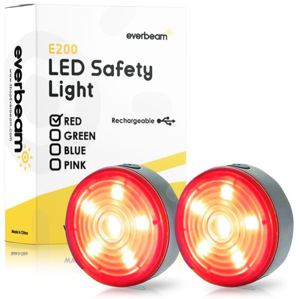 Everbeam E200 LED Bicycle Lights Front and Rear Rechargeable | Powerful Waterproof Safety Clip On LED Light Set, For Runners, Cycling, Dog Walking, Kayaking - Includes Straps For Wearing - 2 Pack, Red