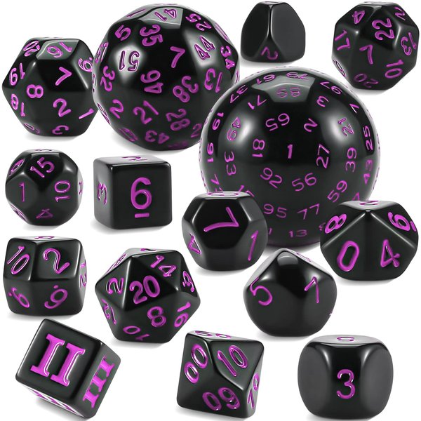 CiaraQ DND Polyhedral Dice Set (15pcs) D4-D100 Game Dice with Dice Bag for Dungeons and Dragons Role Playing Table Games (Black & Purple)