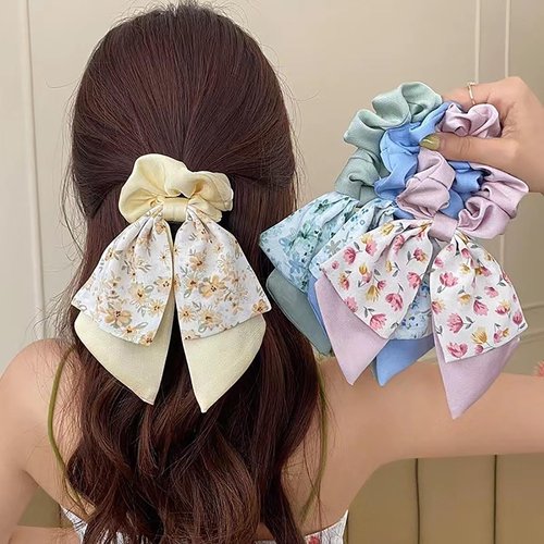 Generic 5 Pcs Floral Hair Scarf Scrunchies Bowknot Ribbon Hand Elastic Ropes Ponytail Holder Long Tails Hair Ties for Women Girls Vintage Hair Accessories