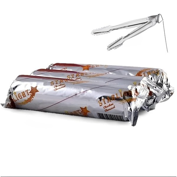 3 Rolls of Starlight Charcoal Instant Burn Incense with Tong 3 Aluminum foil Wrapped Rolls of 10 charcoals Each, for a Total of 30 charcoals (40MM)
