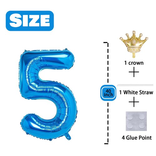 5 Number Balloon Blue 40 inch Big Foil Crown Helium 5th Balloons for 5 Year Old Boy Girl Birthday Party Decorations Wedding Anniversary Events Supplies