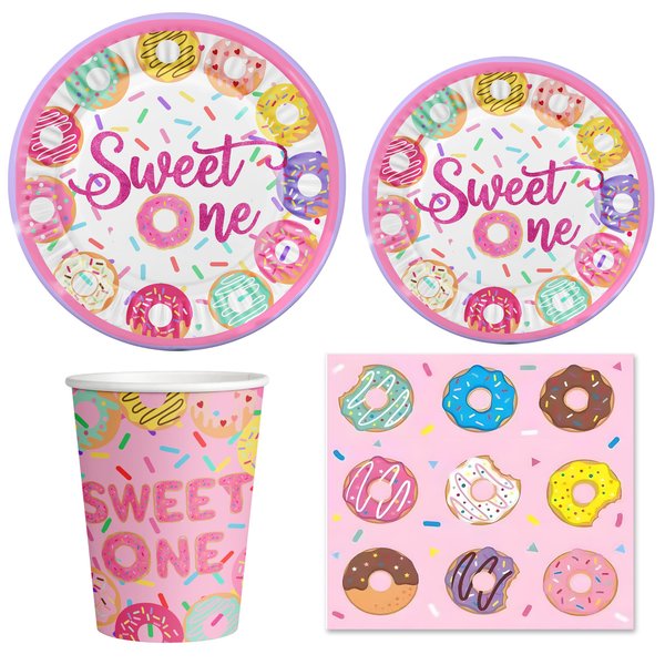 Sweet One Donut Themed Birthday Party Supplies,Serves 20(80pcs)–Includes Donut Paper Plates,Cups,Napkins Suitable for for Donut 1st Birthday Party Decorations，First Birthday Gifts for Baby Girl 。