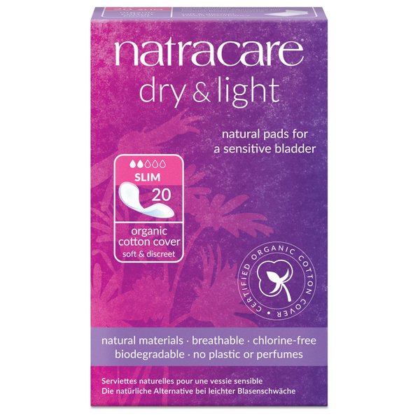 Natracare Dry & Light, Slim, Natural and Absorbent Pads with Organic Cotton Cover for Light Urinary Incontinence (1 Pack, 20 Pads Total)