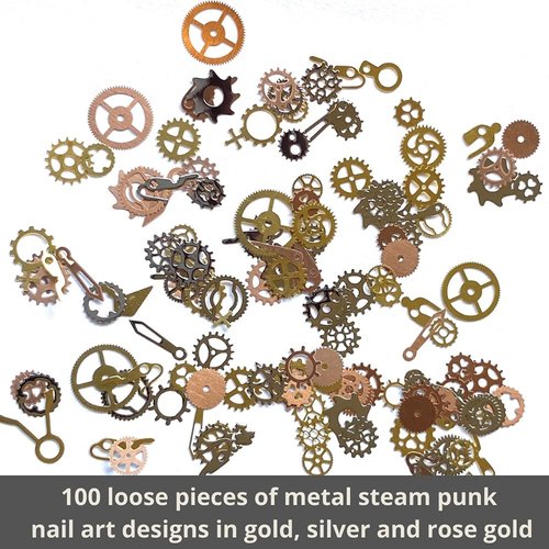 Steam Punk Encapsulated Nail Art Gear Cogs Nail Charms, 100 Pieces, Steampunk 3D Metal Decal Art Rose Gold and Silver or Tips, Acrylic, Gels and Decorations