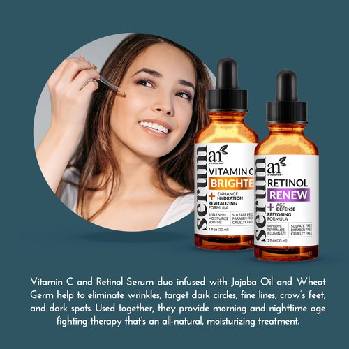 ArtNaturals Vitamin-C and Retinol Serum – (2 x 1 Fl Oz / 30ml) - Holiday Gift Set - Wrinkle & Dark Circle Remover (Morning & Night Anti Aging Therapy) – Natural and Moisturizing Treatment (ANAA-0203)