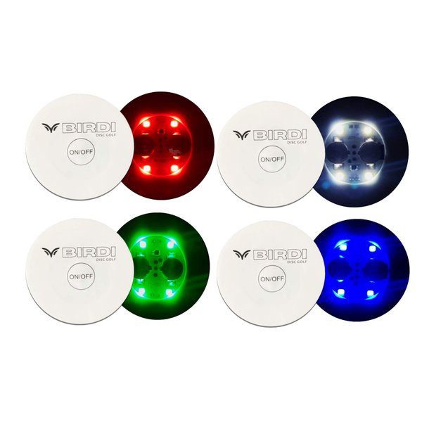 Birdi Disc Golf - Disc Golf Lights - LED - Flat Circular Quad-Lite LED Disc Golf Lights-Very Bright- Glow Disc Golf - Night Disc Golf - 8 Pack (Multi)