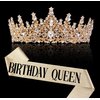 Gold Crown for Women Birthday Queen Sash & Rhinestone Tiara Set Birthday Decoration Rhinestone Headband Glitter Crystal Hair Accessories for Party(Gold2&Sash)