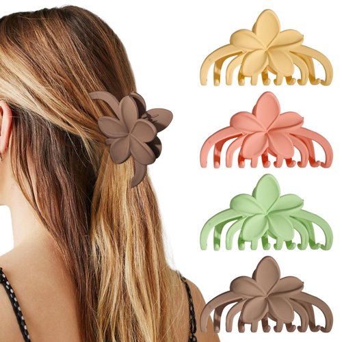 WHAVEL Flower Claw Clips for Women, 4PCS Hawaiian Hair Clips Non-Slip Matte Plumeria Clips Cute Hair Clips Hibiscus Hair Clip Tropical Flower Clip Summer Beach(Beige, Coffee, Green, Orange)