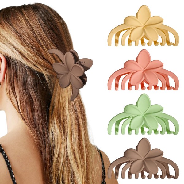 WHAVEL Flower Claw Clips for Women, 4PCS Hawaiian Hair Clips Non-Slip Matte Plumeria Clips Cute Hair Clips Hibiscus Hair Clip Tropical Flower Clip Summer Beach(Beige, Coffee, Green, Orange)