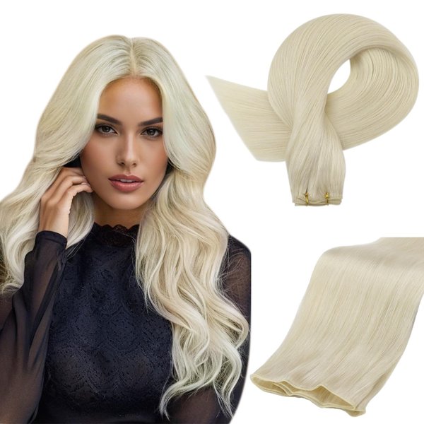 Full Shine 22 Inch Genius Weft Hair Extensions Sew In Human Hair Extensions Real Hair 60G Hand Tied Weft Extensions Remy Hair White Blonde Human Hair Bundles For Women Sew In Human Hair
