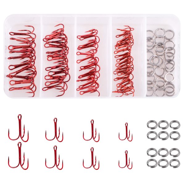 Red Treble Hooks Kit, Circle Round Bend Triple Fishing Hooks Stainless Steel Double Split Rings Assorted Fishing Tackle Box Kit for Fishing Gear Equipment Freshwater Saltwater (70-Hooks 25-Rings)