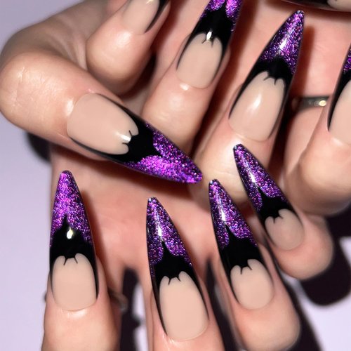 TBRZTR Halloween Press on Nails Almond Medium Nails Purple French False Nails Bat Design Halloween Nail Artificial Acrylic Nails Full Cover Reusable Coffin Nails Halloween Glue on Nails for Women