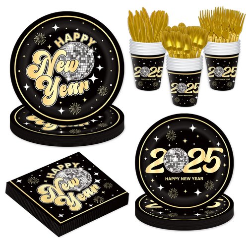 YQUQWN 168 PCS New Year Disco Tableware Set 2025 New Years Eve Party Supplies 2025 Disposable New Year Disco Plates Napkins Cups Spoons Forks and Knives Set 2025 NYE Decorations Serves 24