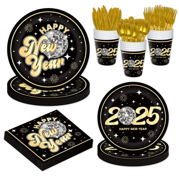 YQUQWN 168 PCS New Year Disco Tableware Set 2025 New Years Eve Party Supplies 2025 Disposable New Year Disco Plates Napkins Cups Spoons Forks and Knives Set 2025 NYE Decorations Serves 24