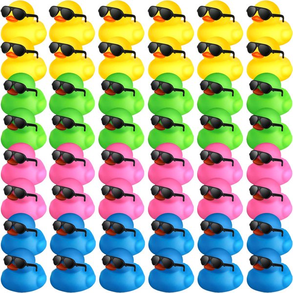 Chivao 48 Pcs Mini Rubber Ducks Bath Duck in Bulk 48 Sunglasses Toy Set Christmas Valentine Duck Gift Bath Toy Bathtub Toys for Gift Holiday Cruise Birthday Party Favor(Mixed Color)