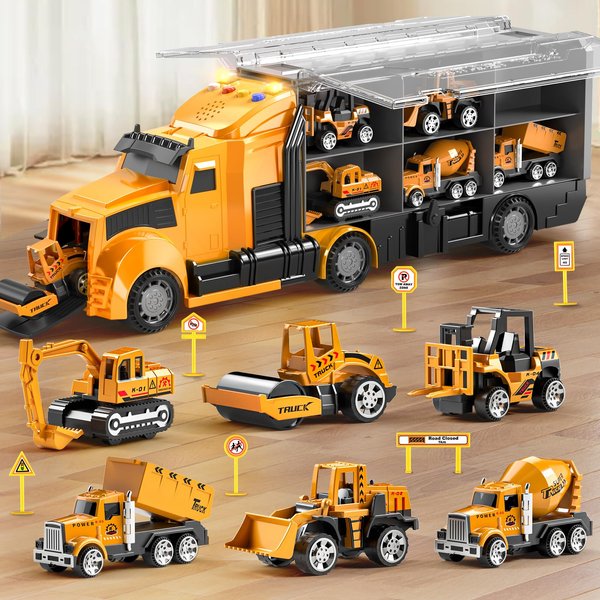 NIPLOOOW Construction Trucks Toy Set with Play Mat, Carrier Truck Play Vehicles Set for 3 4 5 6 Years Old Boys Kids, Die-Cast Car Toy for Toddlers 3-4 Years, Birthday Gifts Toys for 3-9 Year Old Boys