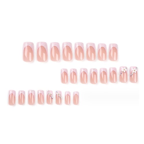 Hkanlre French Square Press on Nails Medium Fake Nails Tips Full Cover Flower False Pink Nails for Women and Girls 24PCS