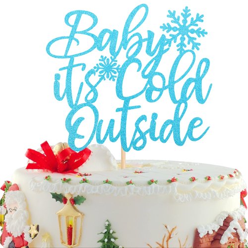 1 PCS Baby It's Cold Outside Cake Topper Glitter Winter Snowflake Baby Shower Cake Pick Decorations for Winter Snowflake Baby Shower Kids Birthday Party Supplies Blue