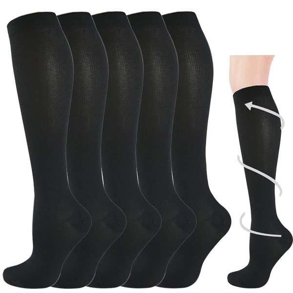 5 Pairs Graduated Compression Socks for Women&Men 20-30mmhg Knee High Sock (Black3-Classic, Small/Medium(US SIZE))