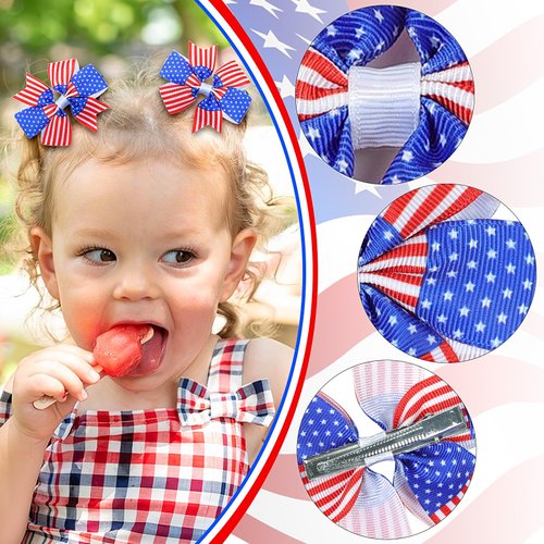 2PCS 4th of July Hair Bow Clips for Girls Kids Red White and Blue Hair Clips Patriotic Star Bow Hair Pins American Flag Headwear Memorial Day Accessories for Toddler Baby Women Independence Day Parade