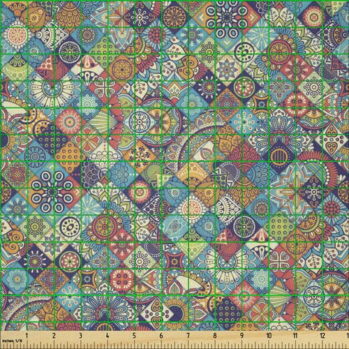 Ambesonne Bohemian Fabric by The Yard, Geometric Pattern Ornamental Floral Folk Art Abstract, Microfiber Fabric for Arts and Crafts Textiles & Decor, 1 Yard, Blue Cream