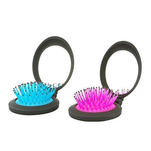 NuAngela Mini Hairbrush, Folding Hair Brush With Mirror Set, Compact Pocket Size, Travel Pop Up Hair Comb, Easy Keep in Purse, Gym Car Bag (Blue Pink)
