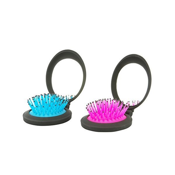 NuAngela Mini Hairbrush, Folding Hair Brush With Mirror Set, Compact Pocket Size, Travel Pop Up Hair Comb, Easy Keep in Purse, Gym Car Bag (Blue Pink)