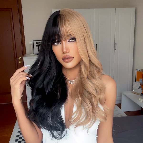 EMMOR Black and Blonde Wig Long Curly Wig with Bangs for Women Two Tone Wig Synthetic Hair Two Color Cosplay Costume Wig Halloween Wig
