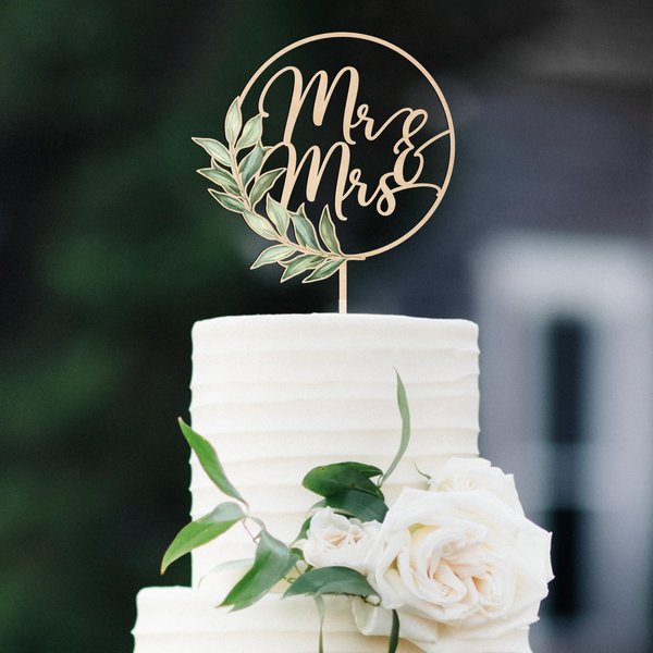 Party to Be Mr & Mrs Cake Topper Greeny Wedding Cake Topper in Wood (Design 02)