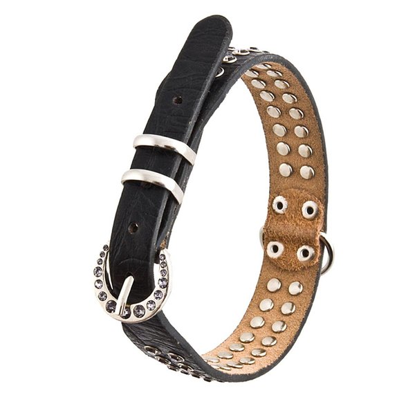 Crazy4Bling Black Leather Dog Collar, Grey Rhinestones and Round Rhinestone Buckle, Medium