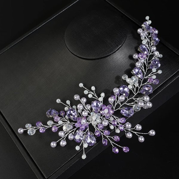 JWICOS Bride Wedding Hair Vine Pearl Bridal Hair Piece Crystal Wedding Hair Accessories Long Headband for Women and Girls (light purple)