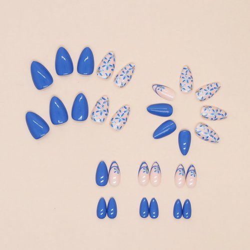 LPOODDNU Flower Press on Nails Almond, Small Flowers Medium Press on Nails Blue Fake Nails, Cute Floral Glue on Nails, Reusable Stick on Nails - 30Pcs Medium Almond Flowers False Nails Set