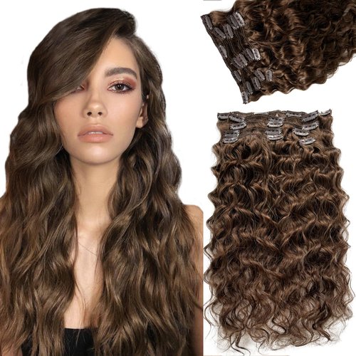 Hair Extensions Clip ins Dark Brown Hair Extensions Real Human Hair Curly Clip in Hair Extensions Real Human Hair 70g Chestnut Brown Samless Clip in Hair Extensions Real Human Hair (#4-NW, 22 Inch)