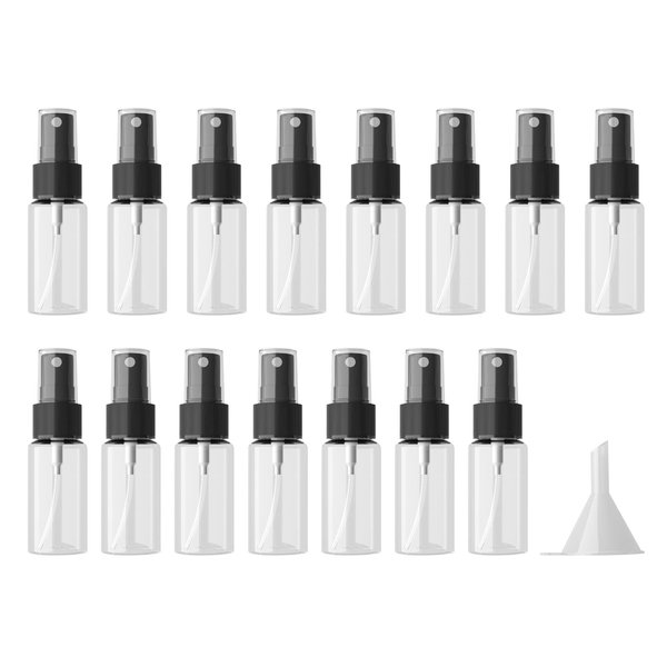 longway 15 PCS Spray Bottles, 0.5oz/15ml Transparent Empty Fine Mist Spray Bottle Dispenser with Cap, Small Refillable Liquid Containers with 1pcs Funnel and 18pcs Labels