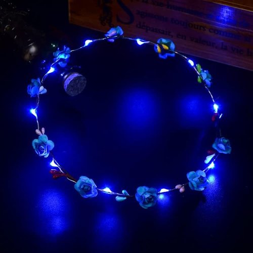 LEEMASING Led Light Women Flower Girl Headband Glow Blinking Crown Hair Wreath For Girls Women Wedding Festival Christmas New Year Party (Blue)