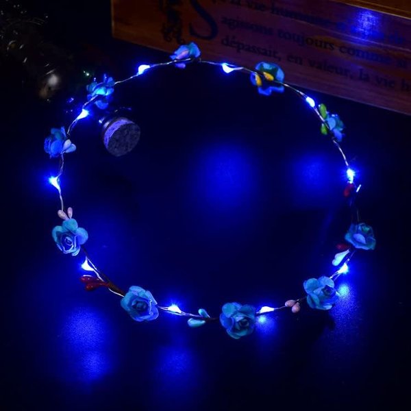 LEEMASING Led Light Women Flower Girl Headband Glow Blinking Crown Hair Wreath For Girls Women Wedding Festival Christmas New Year Party (Blue)