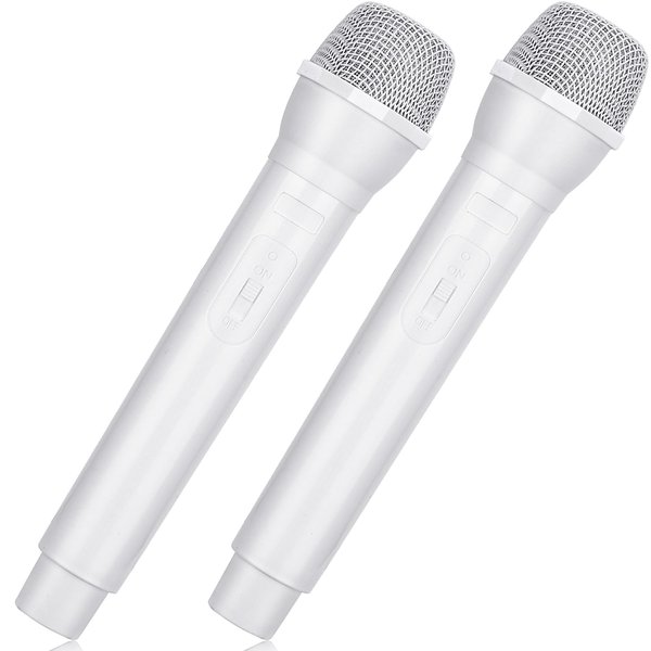 Facmogu 2PCS Fake Microphone Prop, Plastic Realistic Prop Microphone, Pretend Mics Simulate Speech Practice, Mic Prop for Karaoke Costume Role Play Christmas Cosplay Music Birthday Party Favors -White