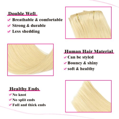 Clip in Hair Extensions Real Human Hair for Women Blonde Color Straight Silky Human Hair Extensions 100% Unprocessed Brazilian Remy Human Hair Full Head 7 Pcs with 16 Clips (18 Inch,#613)