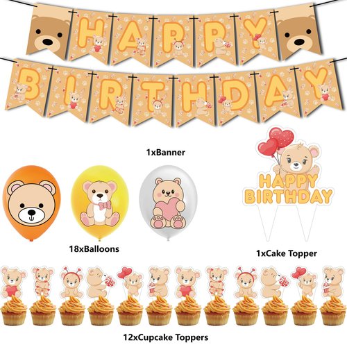 32Pcs Bear Theme Birthday Party Supplies and Decorations Bear Happy Birthday Banner,Latex Balloon, Cupcake Toppers, Set Animal Birthday Party Supplies for Kids Family