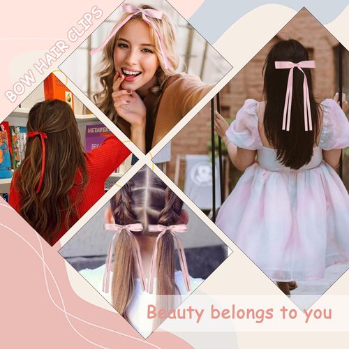 Ribbon Hair Bows for Women Girls, 10PCS Hair Ribbon Bows Hair Clips with Bowknot Long Tail Tassel Bows Ribbons for Hair Barrettes (Black, White, Wine Red, Beige, Pink)